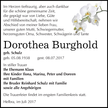 Traueranzeige von Dorothea Burghold von Wochenspiegel Mansfelder Land