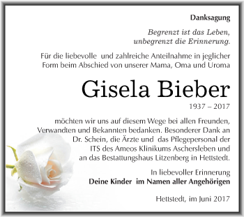 Traueranzeige von Gisela Bieber von Wochenspiegel Mansfelder Land