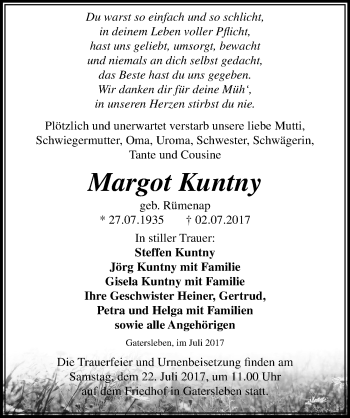 Traueranzeige von Margot Kuntny von Mitteldeutsche Zeitung Aschersleben