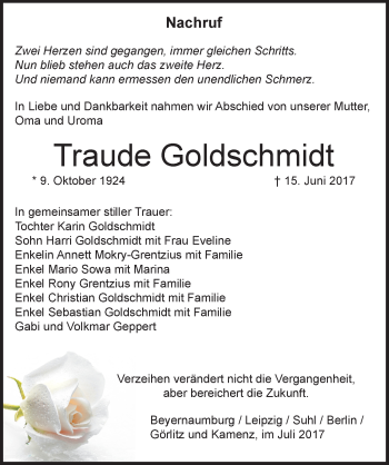 Traueranzeige von Traude Goldschmidt von Mitteldeutsche Zeitung Sangerhausen