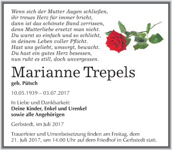 Traueranzeige von Marianne Trepels von Mitteldeutsche Zeitung Mansfelder Land