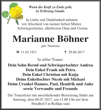Traueranzeige von Marianne Böhner von Mitteldeutsche Zeitung Dessau-Roßlau
