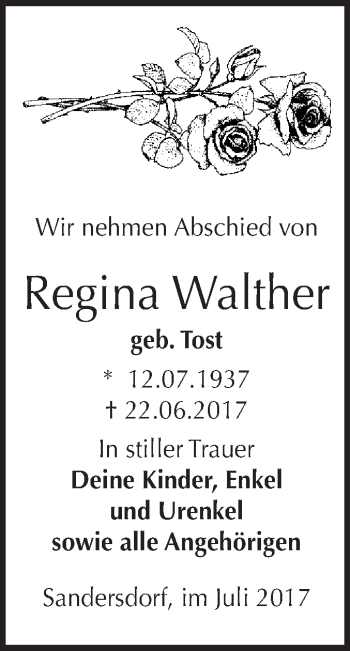 Traueranzeige von Regina Walther von WVG - Wochenspiegel Bitterfeld