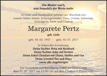 Traueranzeige von Margarete Pertz von Mitteldeutsche Zeitung Köthen