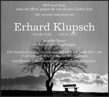 Traueranzeige von Erhard Klupsch von WVG - Wochenspiegel Bitterfeld