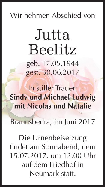 Traueranzeige von Jutta Beelitz von Mitteldeutsche Zeitung Merseburg/Querfurt