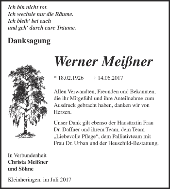 Traueranzeige von Werner Meißner von WVG - Wochenspiegel NMB / WSF / ZTZ