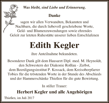 Traueranzeige von Edith Kegler von WVG - Wochenspiegel Dessau / Köthen