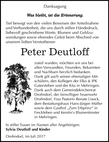 Traueranzeige von Peter Deutloff von Mitteldeutsche Zeitung Aschersleben