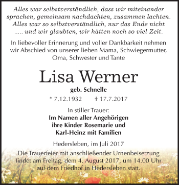 Traueranzeige von Lisa Werner von Mitteldeutsche Zeitung Quedlinburg