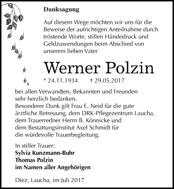 Traueranzeige von Werner Polzin von Mitteldeutsche Zeitung Naumburg/Nebra