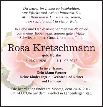 Traueranzeige von Rosa Kretschmann von Mitteldeutsche Zeitung Halle/Saalkreis