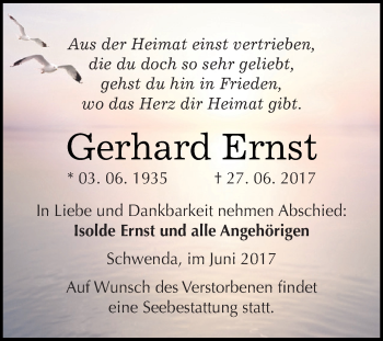 Traueranzeige von Gerhard Ernst von Super Sonntag SGH Mansf. Land