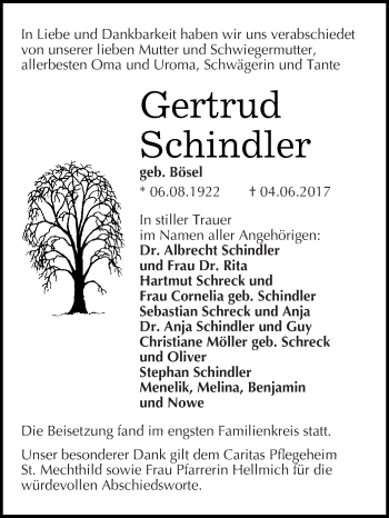 Traueranzeige von Gertrud Schindler von Super Sonntag SGH Mansf. Land