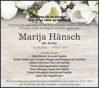 Traueranzeige von Marija Hänsch von WVG - Wochenspiegel Bitterfeld