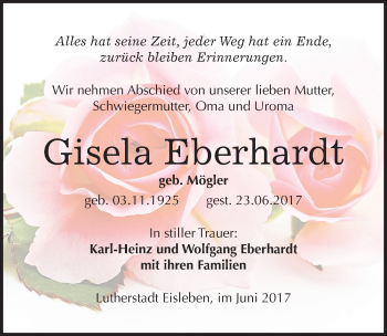 Traueranzeige von Gisela Eberhardt von Mitteldeutsche Zeitung Mansfelder Land