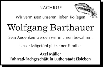 Traueranzeige von Wolfgang Barthauer von Mitteldeutsche Zeitung Mansfelder Land