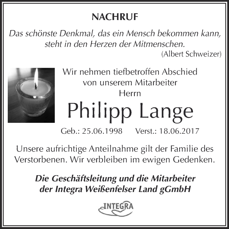 Traueranzeige für Philipp Lange vom 05.07.2017 aus WVG - Wochenspiegel NMB / WSF / ZTZ