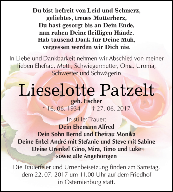 Traueranzeige von Lieselotte Patzelt von WVG - Wochenspiegel Dessau / Köthen
