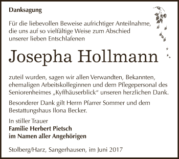 Traueranzeige von Josepha Hollmann von Super Sonntag SGH Mansf. Land