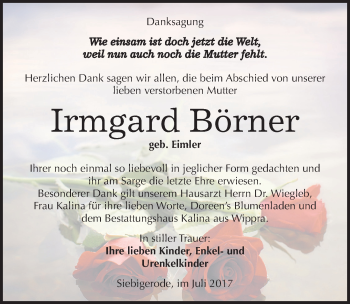 Traueranzeige von Irmgard Börner von Mitteldeutsche Zeitung Mansfelder Land