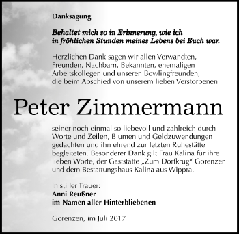 Traueranzeige von Peter Zimmermann von Mitteldeutsche Zeitung Mansfelder Land
