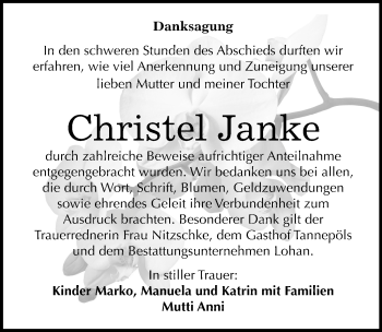 Traueranzeige von Christel Janke von Mitteldeutsche Zeitung Bitterfeld