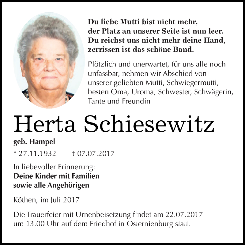  Traueranzeige für Herta Schiesewitz vom 15.07.2017 aus WVG - Wochenspiegel Dessau / Köthen