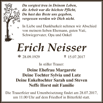 Traueranzeige von Erich Neisser von WVG - Wochenspiegel Dessau / Köthen