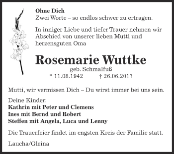 Traueranzeige von Rosemarie Wuttke von WVG - Wochenspiegel NMB / WSF / ZTZ