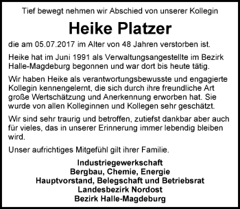 Traueranzeige von Heike Platzer von Mitteldeutsche Zeitung Halle/Saalkreis