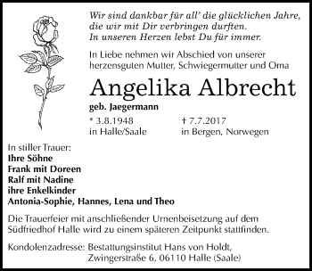 Traueranzeige von Angelika Albrecht von Mitteldeutsche Zeitung Halle/Saalkreis