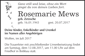 Traueranzeige von Rosemarie Mews von WVG - Wochenspiegel Bitterfeld