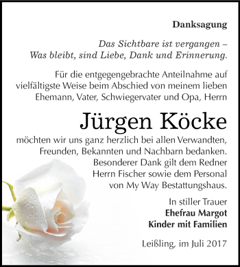 Traueranzeige von Jürgen Köcke von WVG - Wochenspiegel NMB / WSF / ZTZ