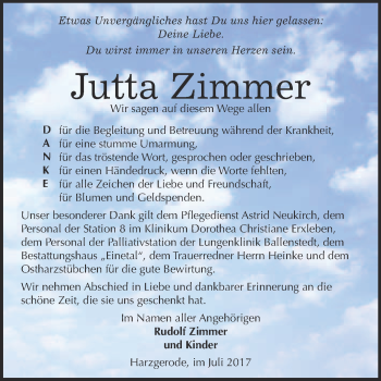 Traueranzeige von Jutta Zimmer von Super Sonntag Quedlinburg