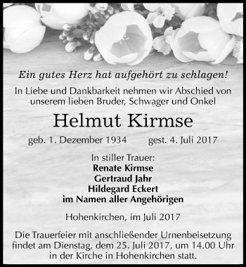 Traueranzeige von Helmut Kirmse von Mitteldeutsche Zeitung Zeitz