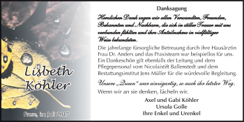 Traueranzeige von Lisbeth Köhler von Mitteldeutsche Zeitung Aschersleben