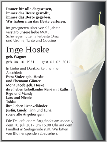 Traueranzeige von Inge Hoske von Super Sonntag SGH Mansf. Land