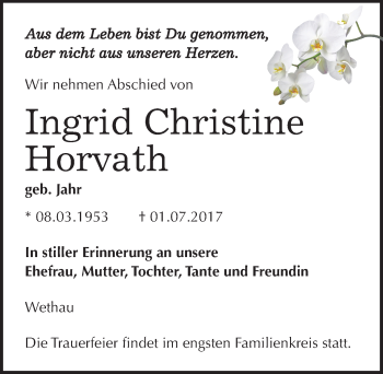 Traueranzeige von Ingrid Christine Horvath von Mitteldeutsche Zeitung Naumburg/Nebra