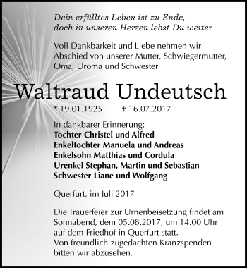 Traueranzeige von Waltraud Undeutsch von Mitteldeutsche Zeitung Merseburg/Querfurt
