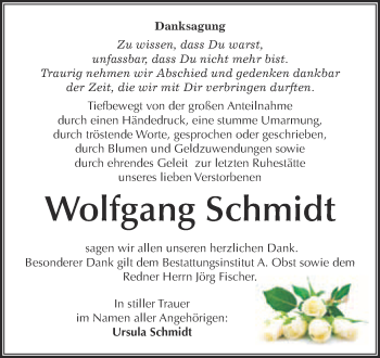 Traueranzeige von Wolfgang Schmidt von Super Sonntag Merseburg