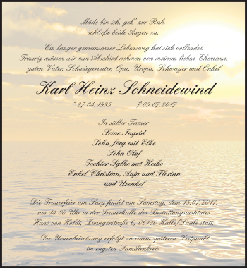 Traueranzeige von Karl Heinz Schneidewind von Mitteldeutsche Zeitung Halle/Saalkreis