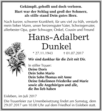 Traueranzeige von Hans-Adalbert Dunkel von Mitteldeutsche Zeitung Mansfelder Land