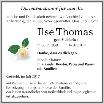 Traueranzeige von Ilse Thomas von Wochenspiegel Mansfelder Land