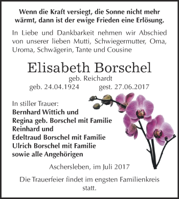 Traueranzeige von Elisabeth Borschel von Super Sonntag Aschersleben
