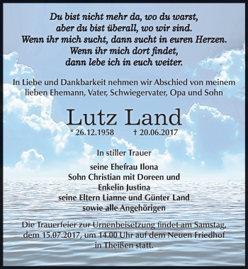 Traueranzeige von Lutz Land von Mitteldeutsche Zeitung Zeitz
