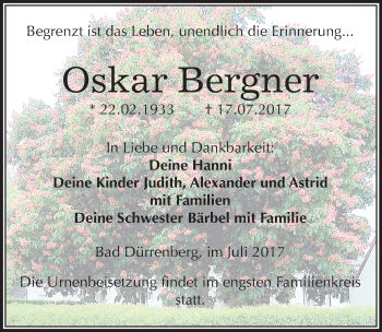 Traueranzeige von Oskar Bergner von Mitteldeutsche Zeitung Merseburg/Querfurt
