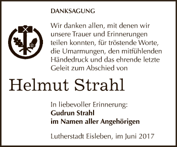 Traueranzeige von Helmut Strahl von Wochenspiegel Mansfelder Land