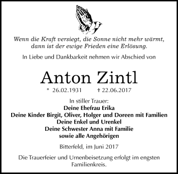 Traueranzeige von Anton Zintl von Mitteldeutsche Zeitung Bitterfeld