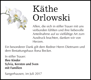 Traueranzeige von Käthe Orlowski von Super Sonntag SGH Mansf. Land